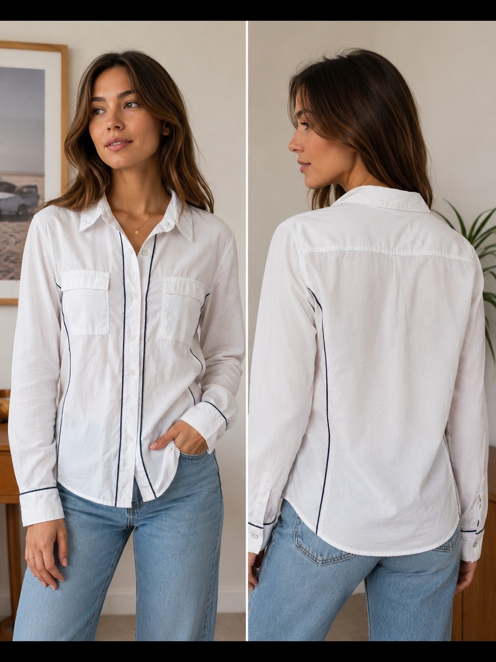 Lee White Button-Down Shirt with Navy Piping